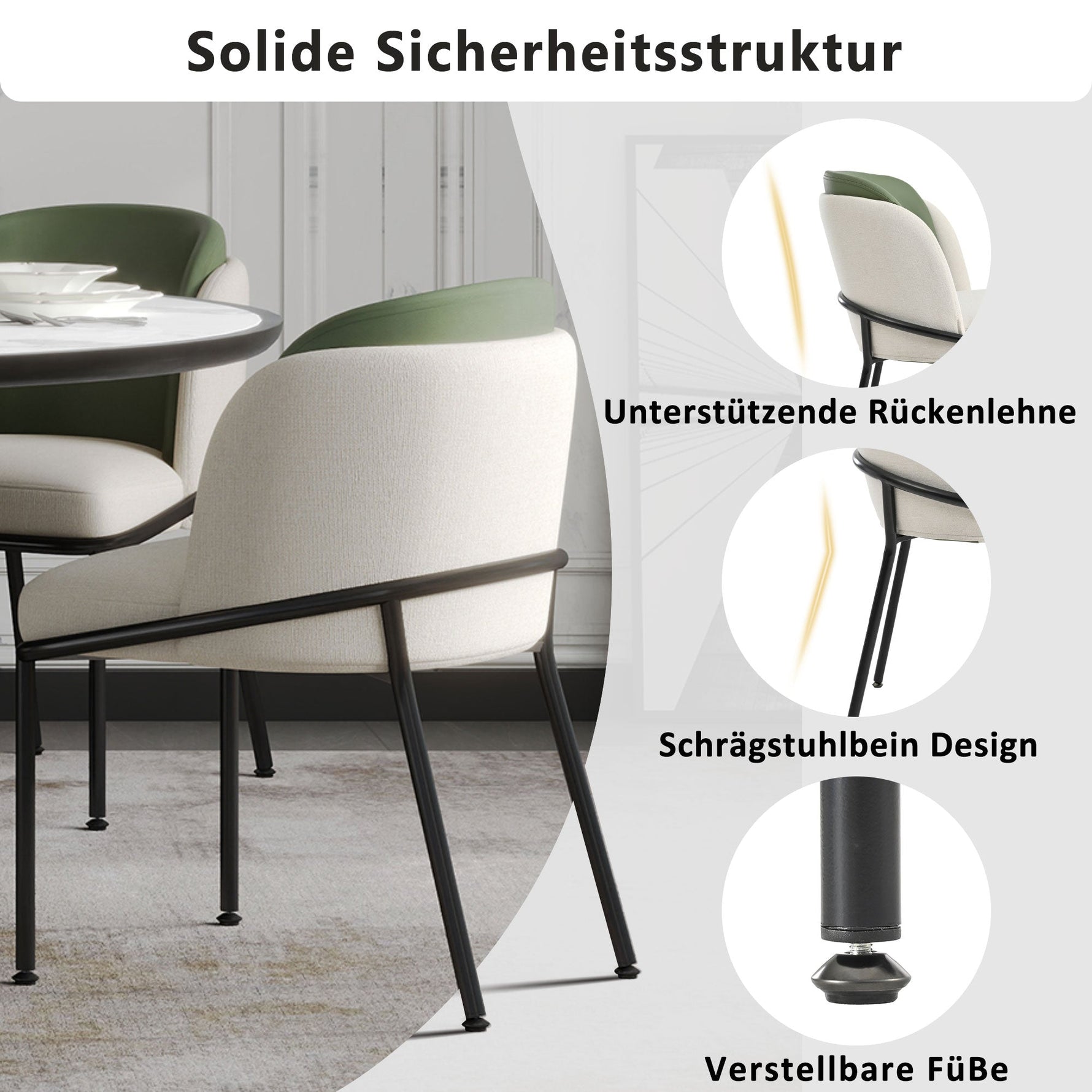 2 Modern Chairs Angled Legs Adjustable Feet - Beige/Green