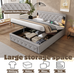 Upholstered Storage Bed with Downlight, USB Port and Slatted Base, 160x200cm, Grey Linen