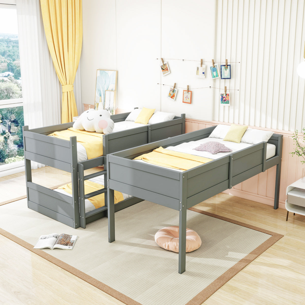 Triple Bunk Bed 90x200 cm with High Fence & Slats, Grey Wood