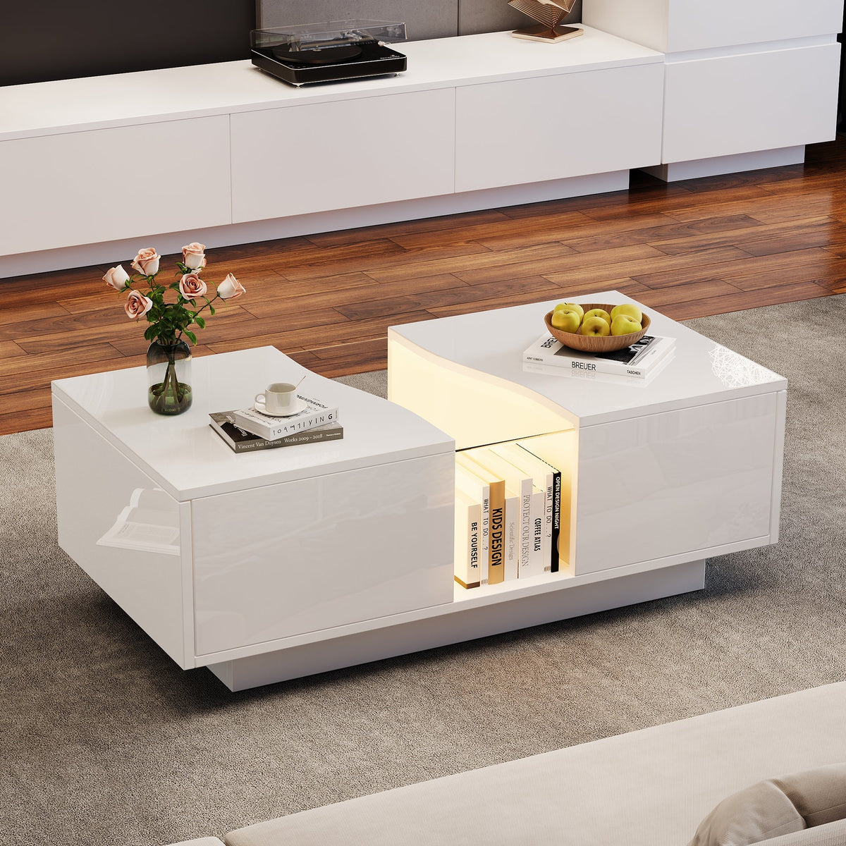 Modern LED Coffee Table, 2 Drawers 100x50x35cm, White High-Gloss MDF