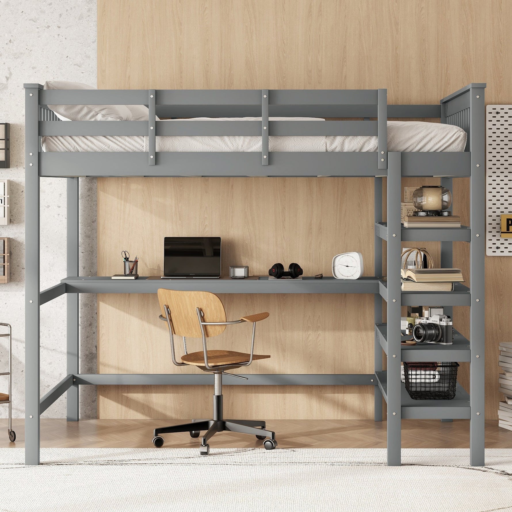 Loft Bed 140x200cm Storage Compartments Desk - Grey