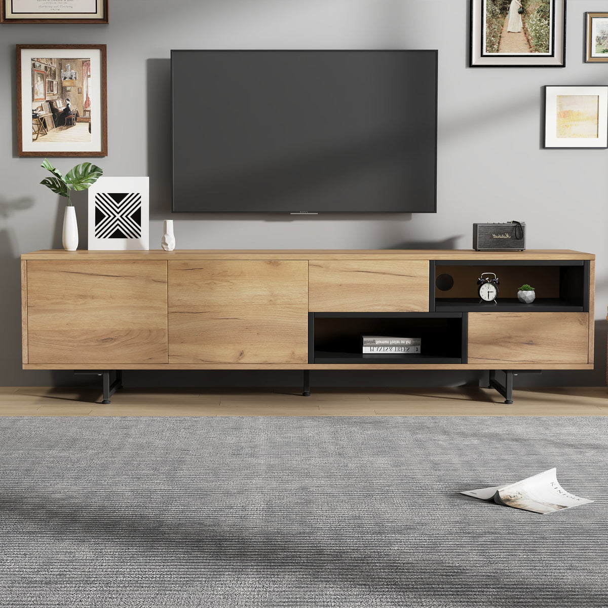 TV Cabinet 70-Inch Storage Ladder Compartments, Wood-Colored Chipboard