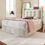 Upholstered Single Bed 90x200 LED USB Hydraulic Storage, Beige Cotton