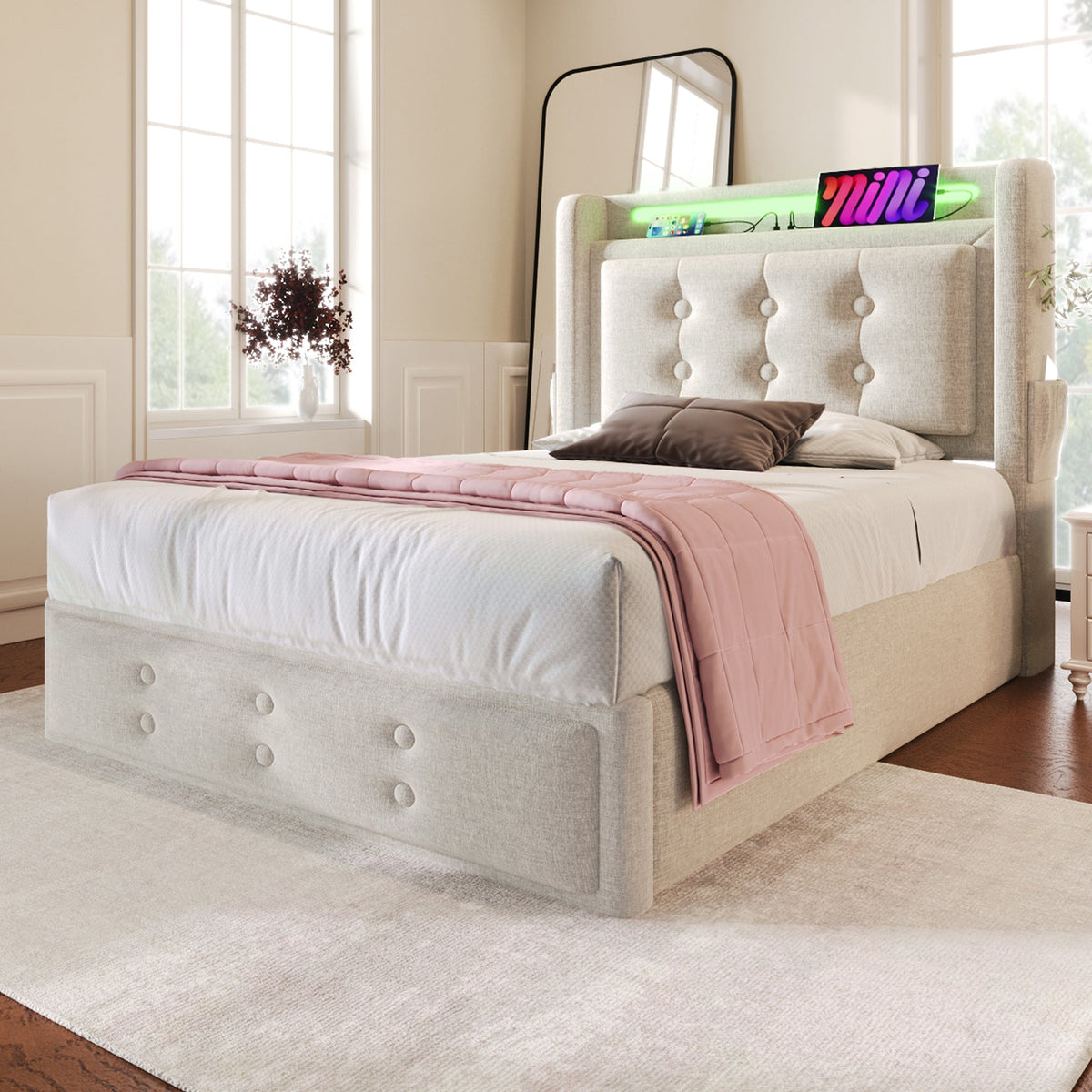 Upholstered Single Bed 90x200 LED USB Hydraulic Storage, Beige Cotton