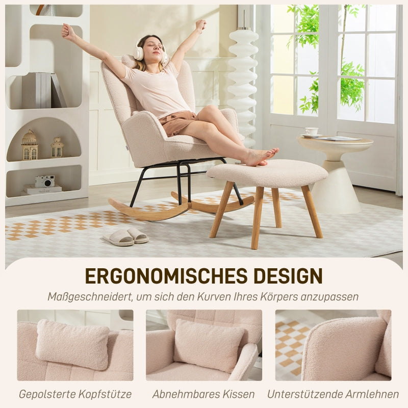 Rocking Chair & Footstool, High Back, Soft Fleece, Wooden Legs, Beige