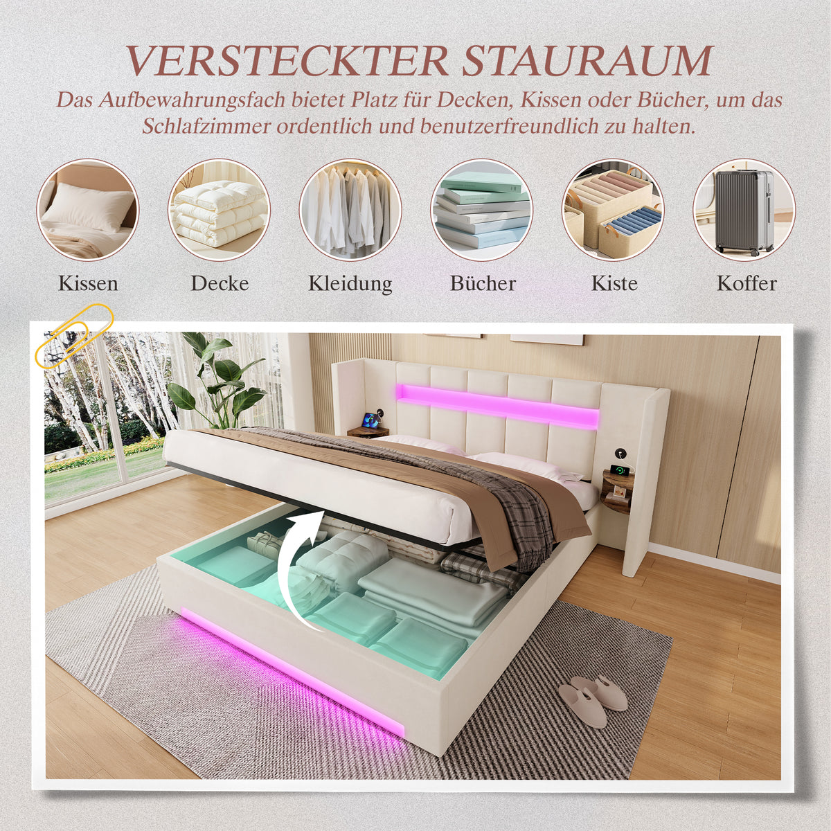 Multifunctional Bed Frame 160x200cm LED Hydraulic Storage Velvet
