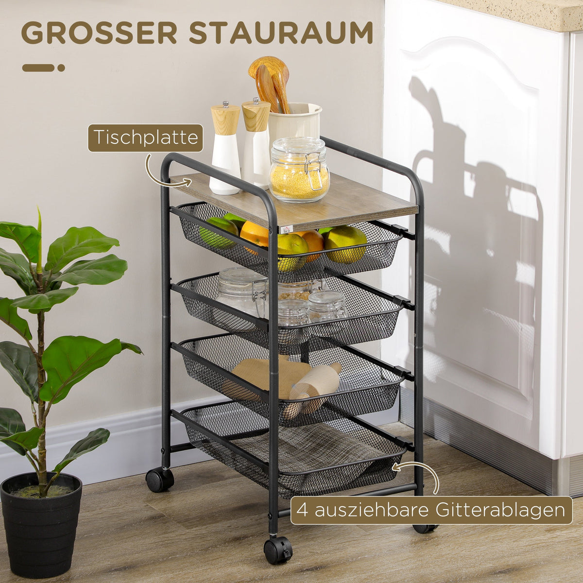 Kitchen Cart, 4 Baskets Storage Rack on Wheels, Steel Black