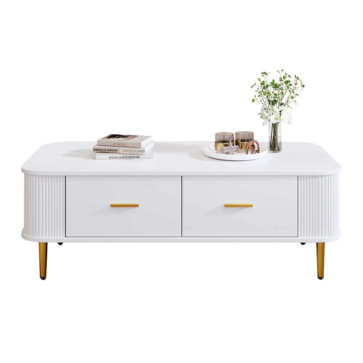 Coffee Table with Drawers, Curved Corners, Wavy Sides, Gold