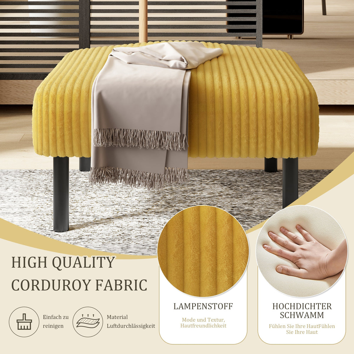 Corduroy Stool - Metal Frame, Super Soft Velour - Premium
