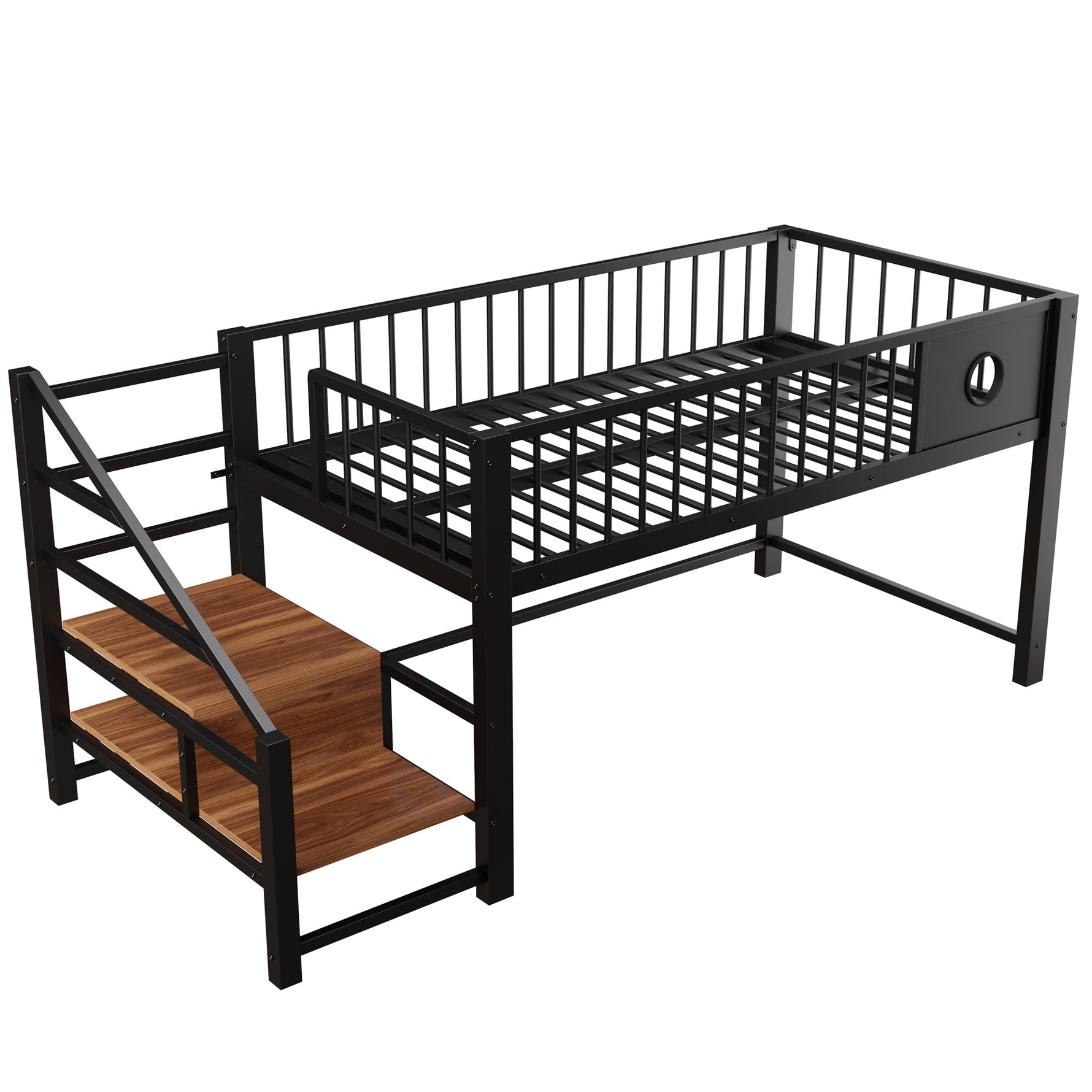 Low Loft Bed with Storage Ladder and Metal Frame, 90x200cm, Black Metal
