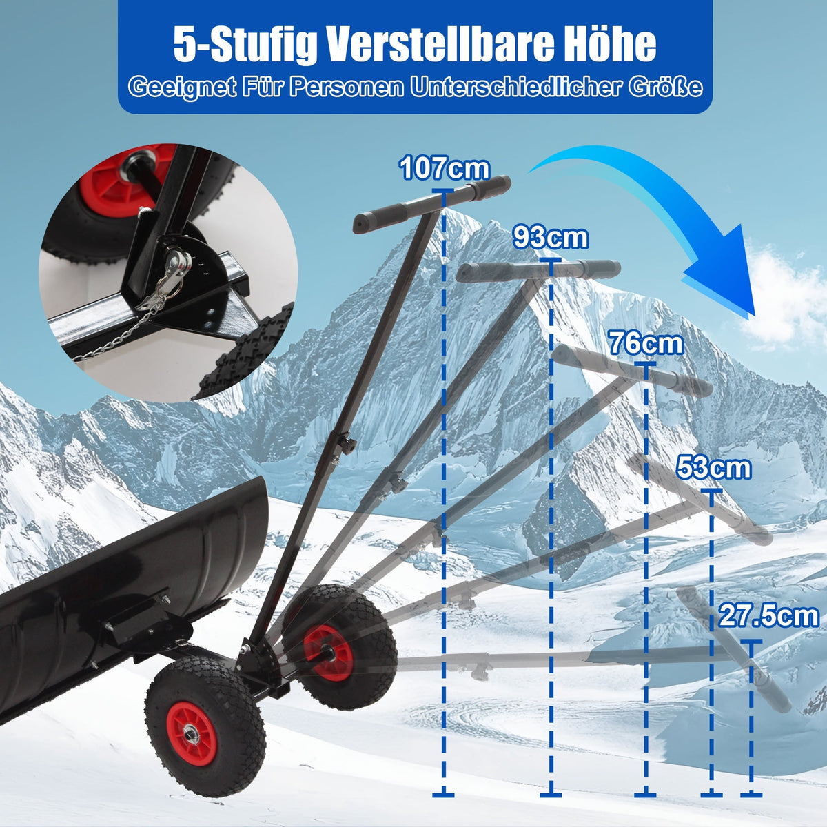 Snow Shovel with Wheels, 5-Stage Adjustable Extra Wide 74 cm, PE Material