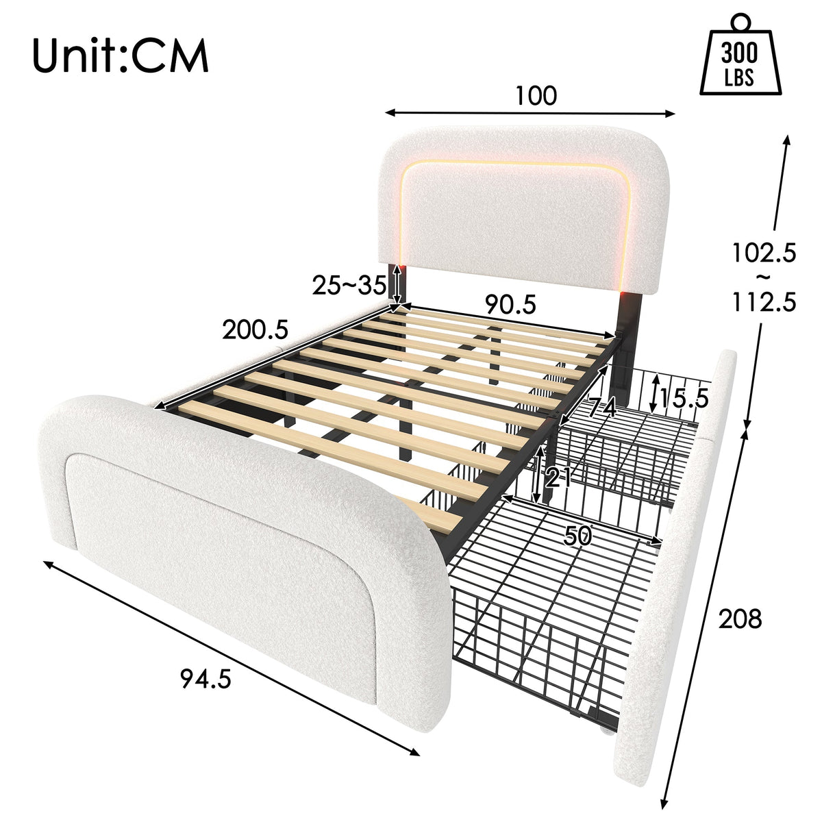 Bed Frame, USB Type-C, LED, 2-Drawer, Single, Upholstered, Sherpa White