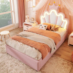 Upholstered Bed 90x200cm Hydraulic Storage LED Crown Shape Adjustable Headboard - PU Pink