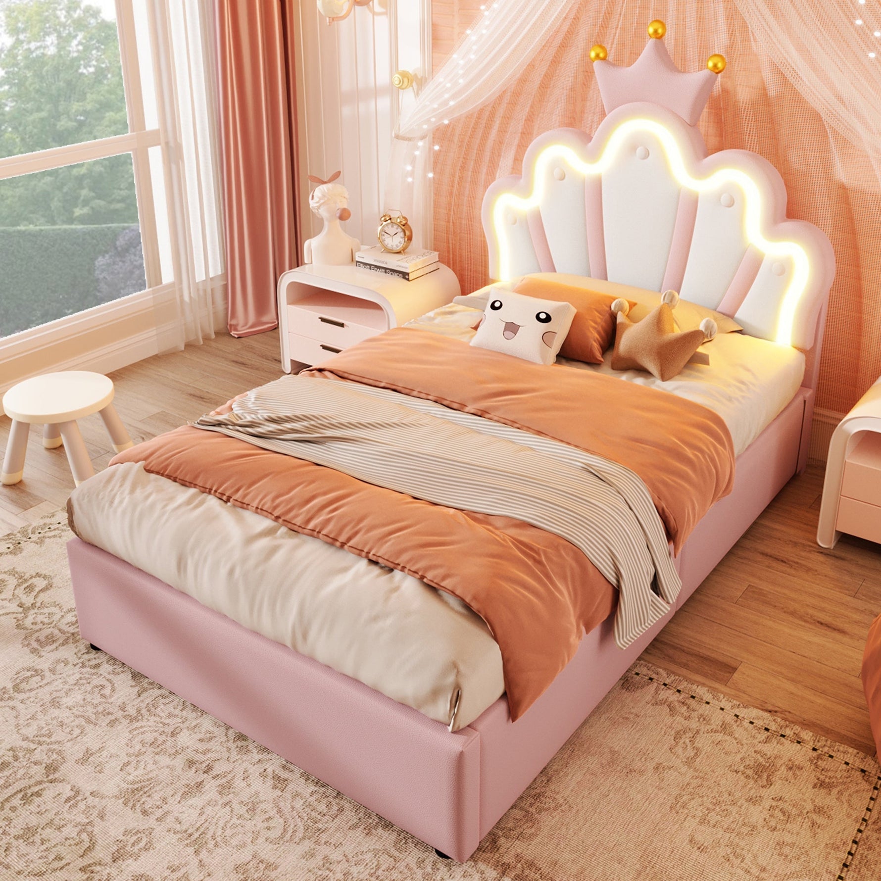 Upholstered Bed 90x200cm Hydraulic Storage LED Crown Shape Adjustable Headboard - PU Pink