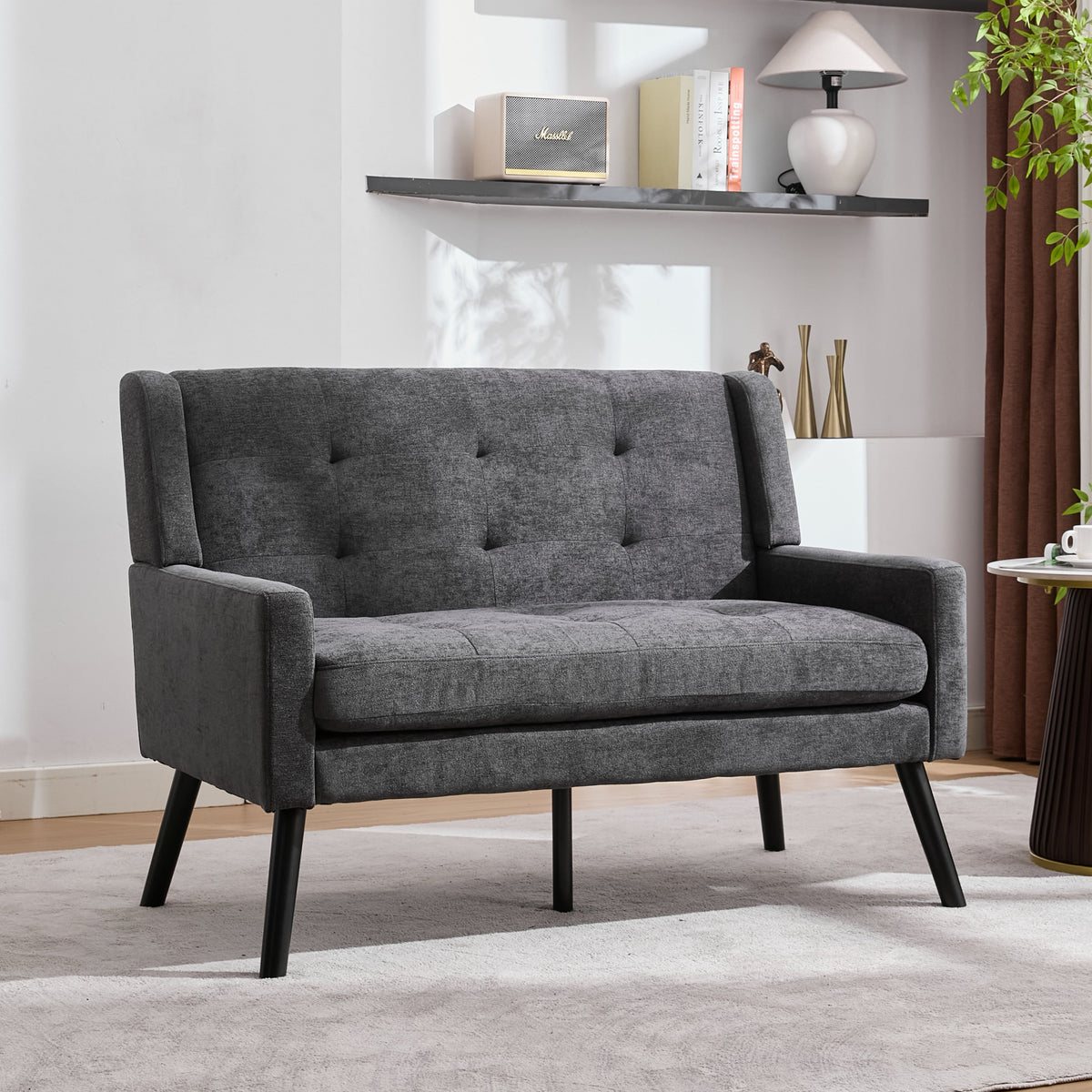 2-Seater Linen Bench with Solid Wood Legs and Button-Tufted Cushion, Natural Linen