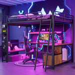 Loft Bed 140x200cm Iron Frame with Desk LED Light Strip USB Port Black
