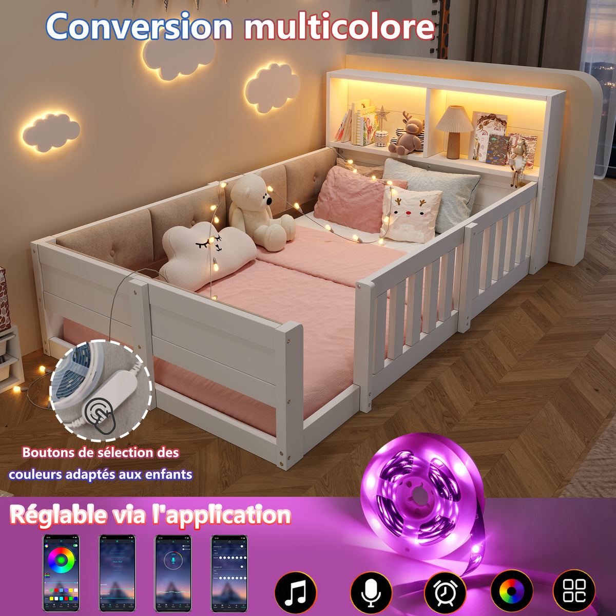 Flatbed Kids Bed 90x200cm with LED Light & Railings, White