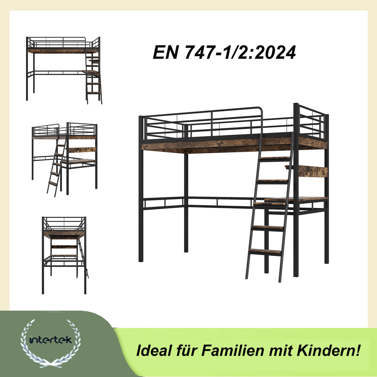 Loft Bed 90x200cm with Desk and Shelves, Black Iron