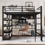 Iron Bed, Loft Bed with Storage, Charging Port, Ladder, Black Iron & Chipboard