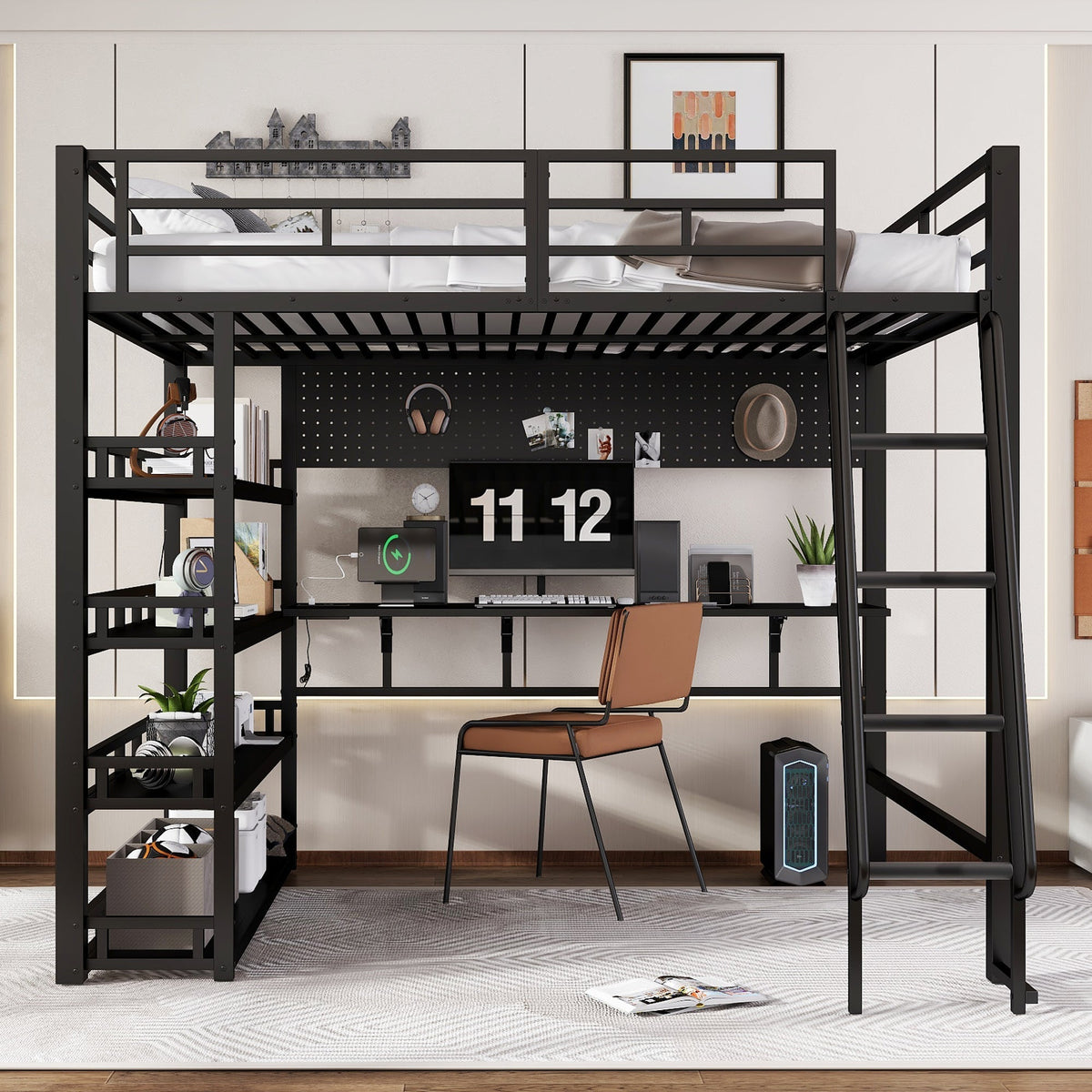 Iron Bed, Loft Bed with Storage, Charging Port, Ladder, Black Iron & Chipboard