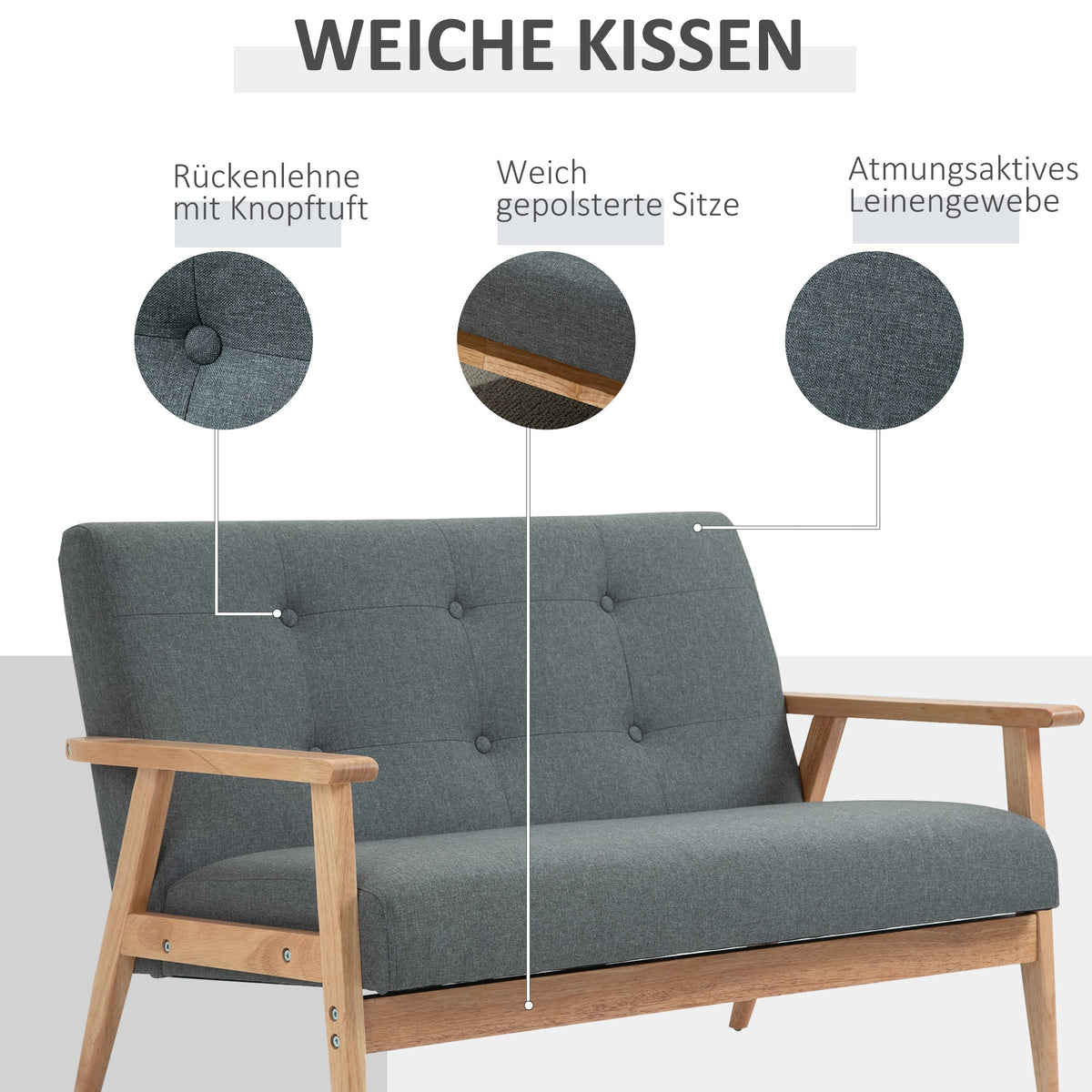 Double Sofa Loveseat, 2-Seater, Compact Design, Linen & Rubberwood, Grey