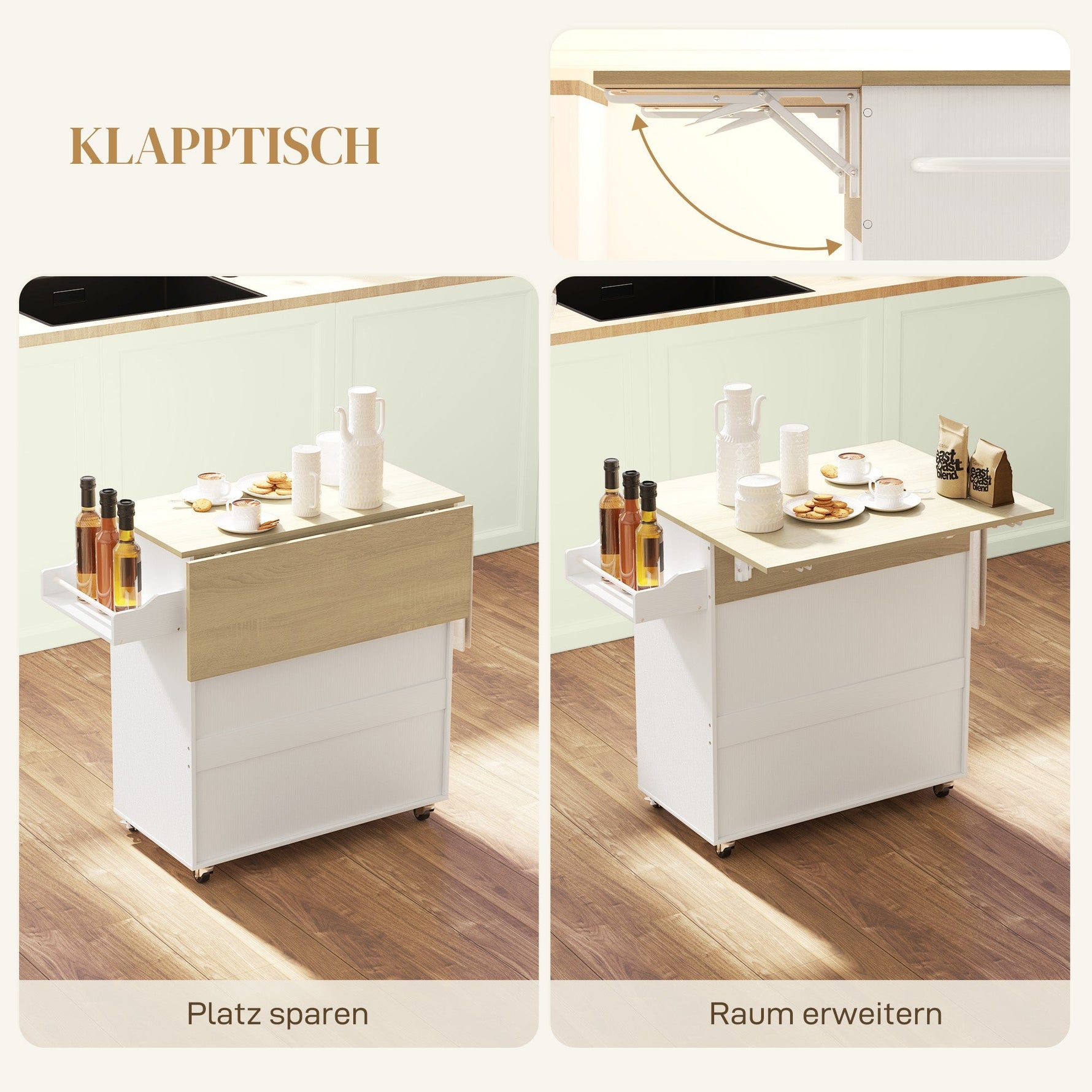 Kitchen Island, Folding Worktop & Storage, White