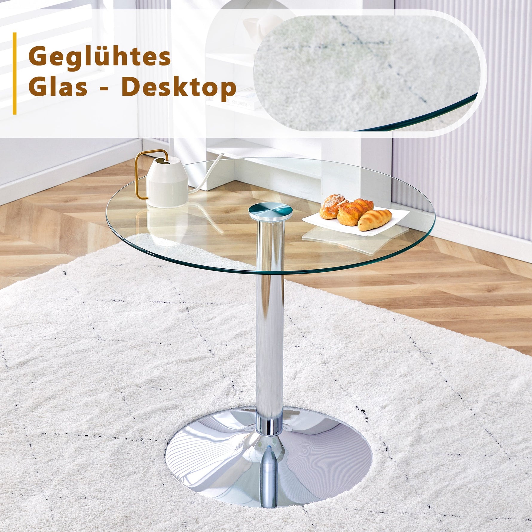 Dining Table Set, Minimalist 85cm Glass Table & 4 Chairs, White Faux Leather