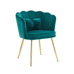 Modern velvet armchair, comfortable upholstered with petal back, gold-plated metal legs and butterfly cushion