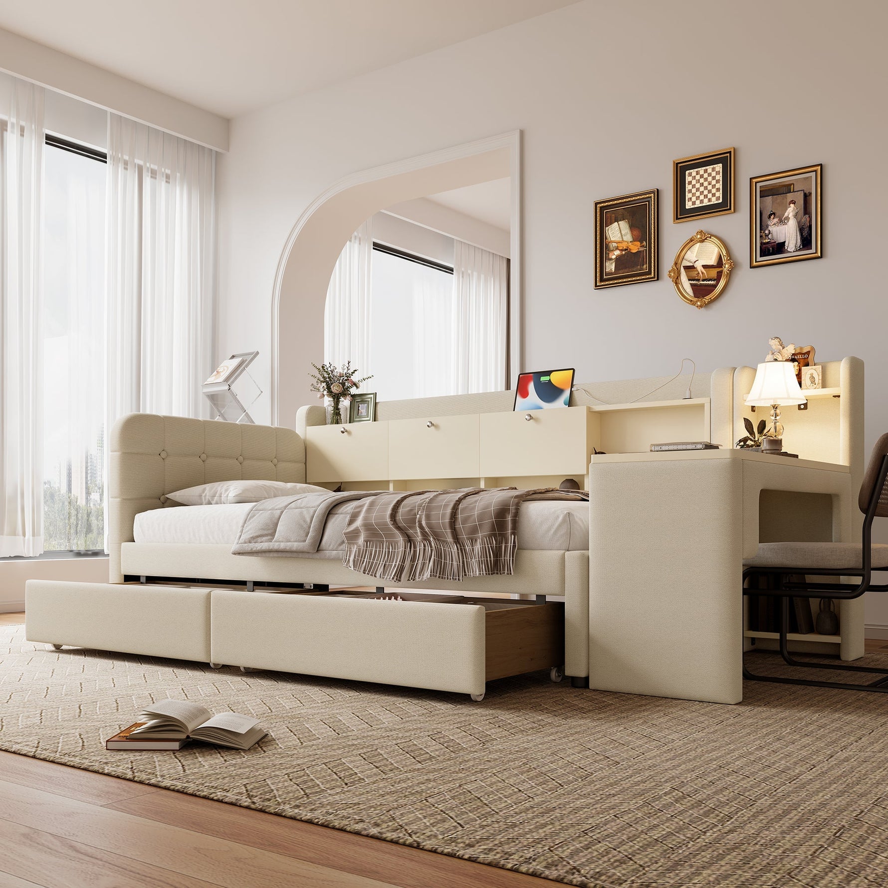 Daybed with Desk and Drawers, USB Ports and Storage, Beige Linen