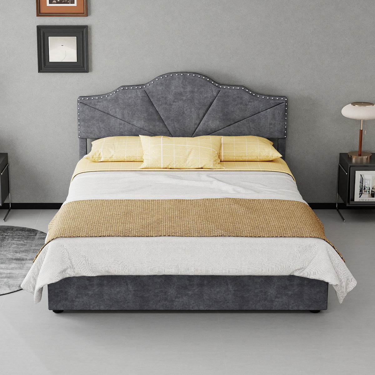 Modern Soft Bed 140x200cm with Mattress & Storage - Gray