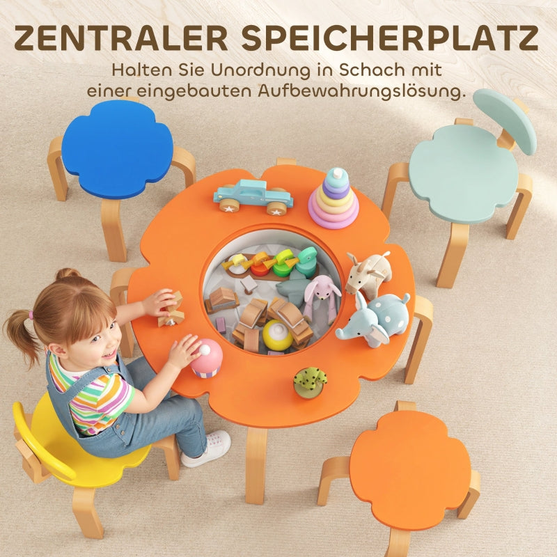 Children's Table and Chair Set 5-Piece Flower Shape Storage Bag - Wood Colorful