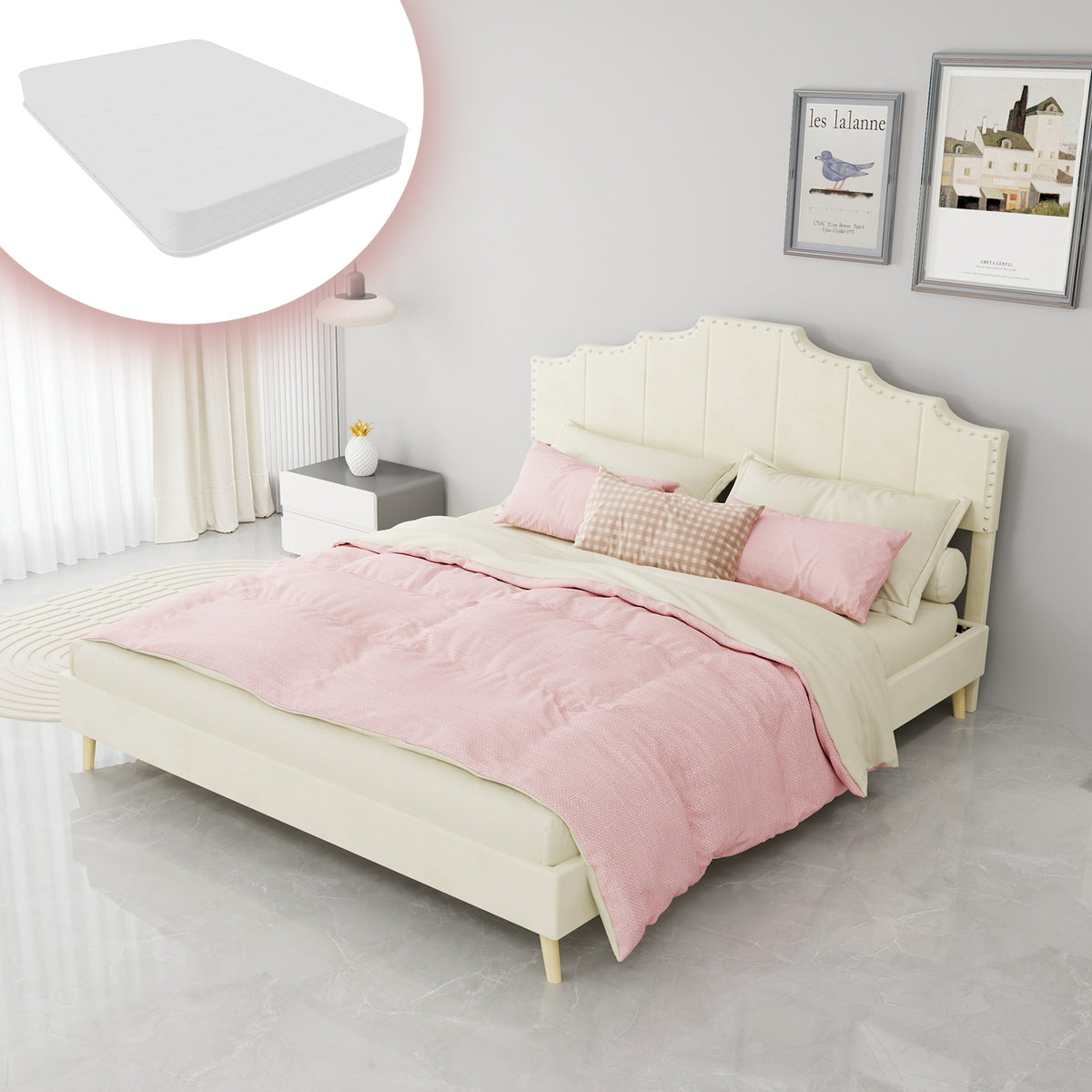 Modern Minimalist Soft Bed with 160x200cm Mattress, Beige