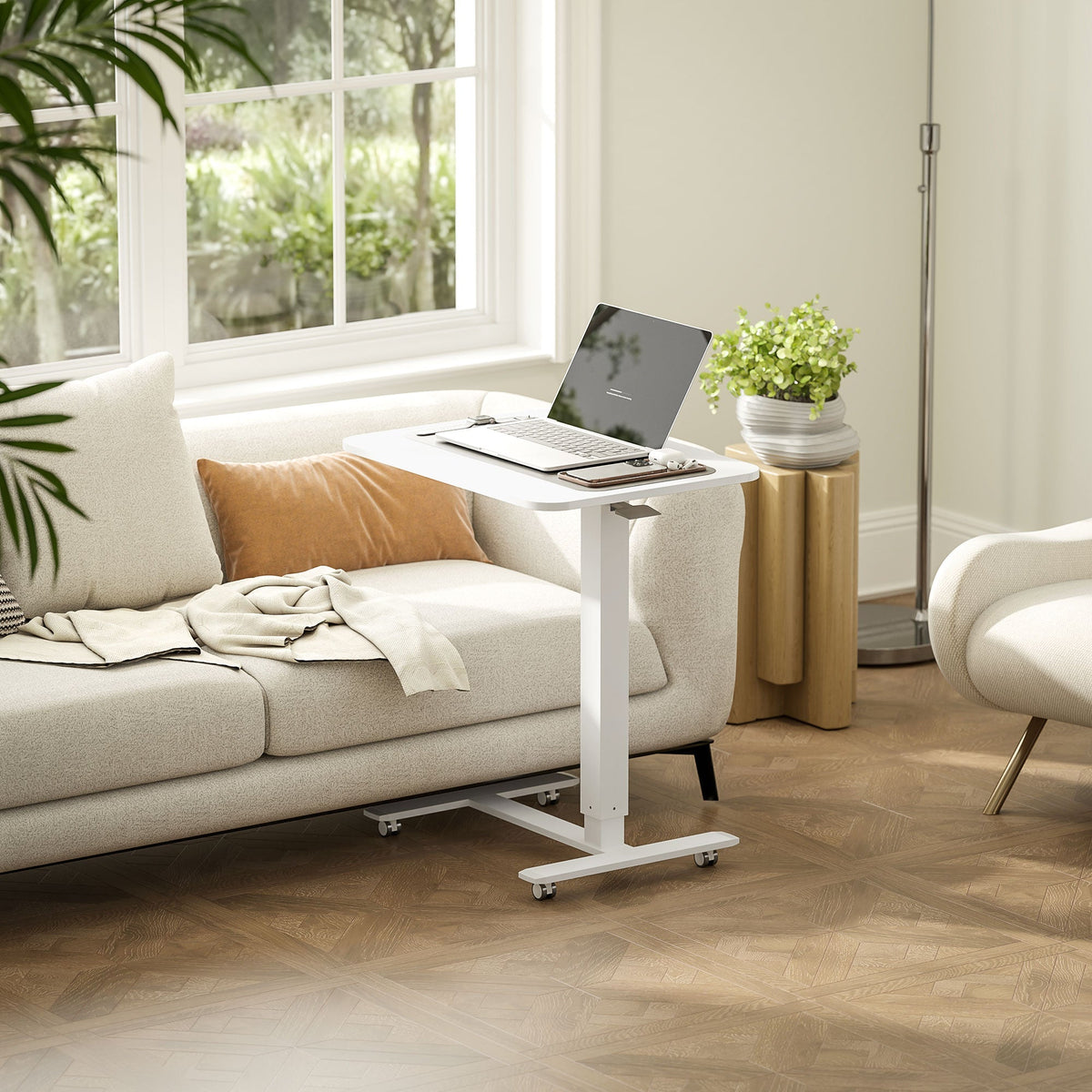 C-Shaped Sit-Stand Desk, Height-Adjustable with Wheels, White
