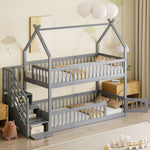 Bunk Bed, 90x200 Children's Single with Roof, Ladder & Storage Drawers, Solid Wood Gray