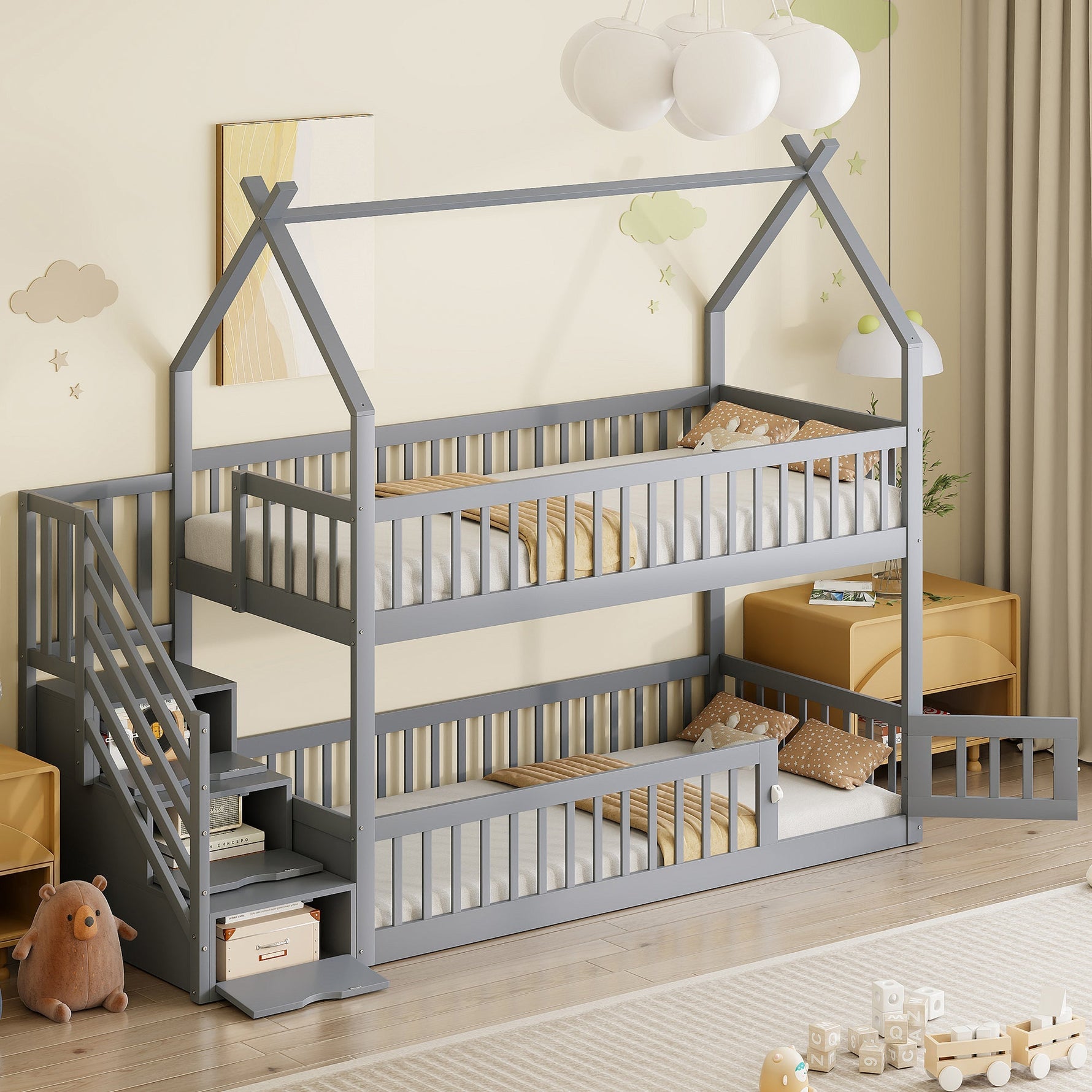 Bunk Bed, 90x200 Children's Single with Roof, Ladder & Storage Drawers, Solid Wood Gray