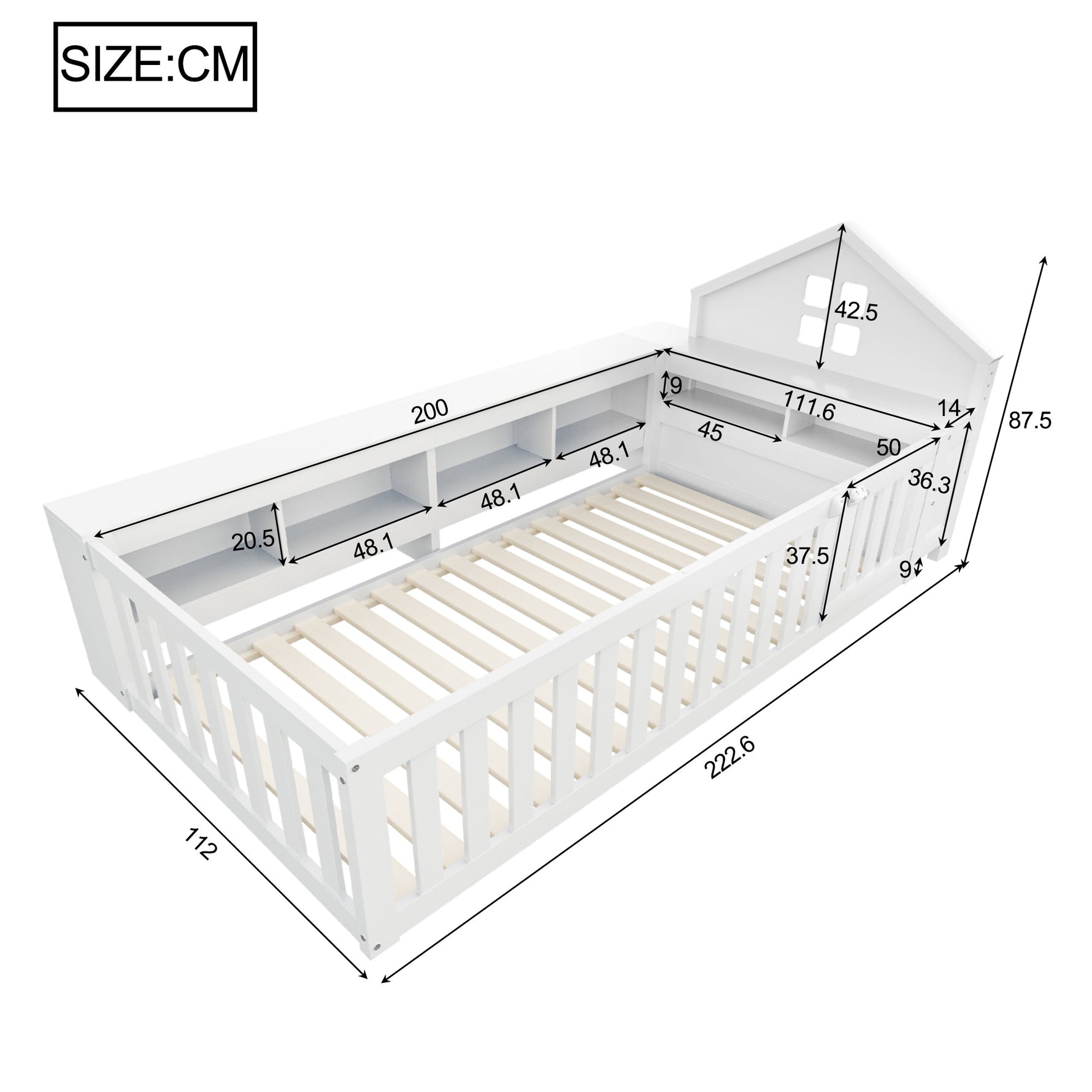 Children's Bed 90x200cm, Roof/Window, Storage, Safety Rail/Door, Solid Wood, White