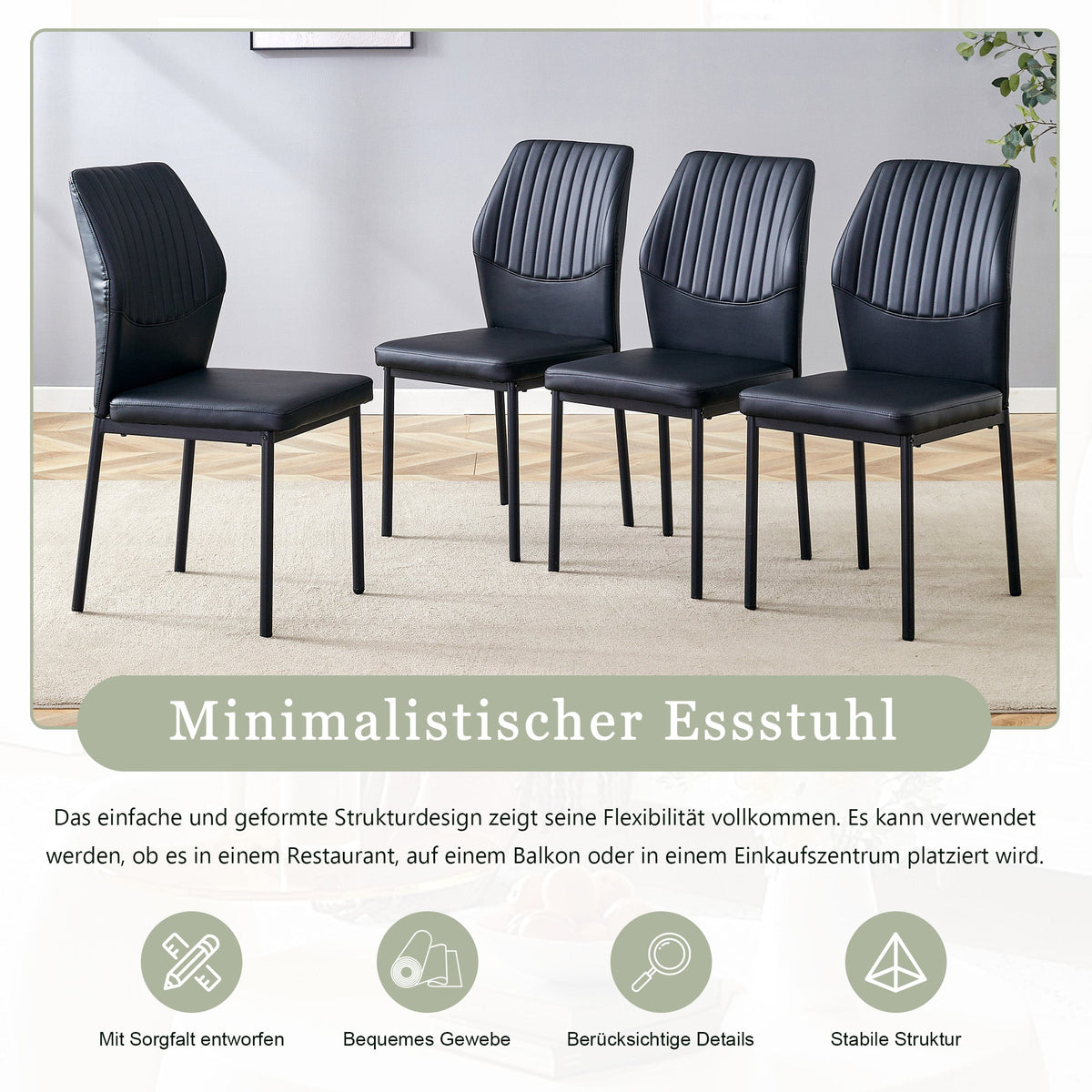 Set of 4 Dining Chairs with Vertical Embossing and Metal Legs, Black PU