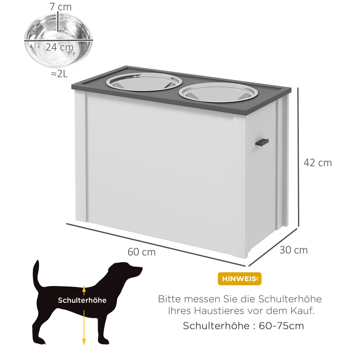Dog Bowl, Feeding Station with Storage, 2L Stainless Steel Bowls, White