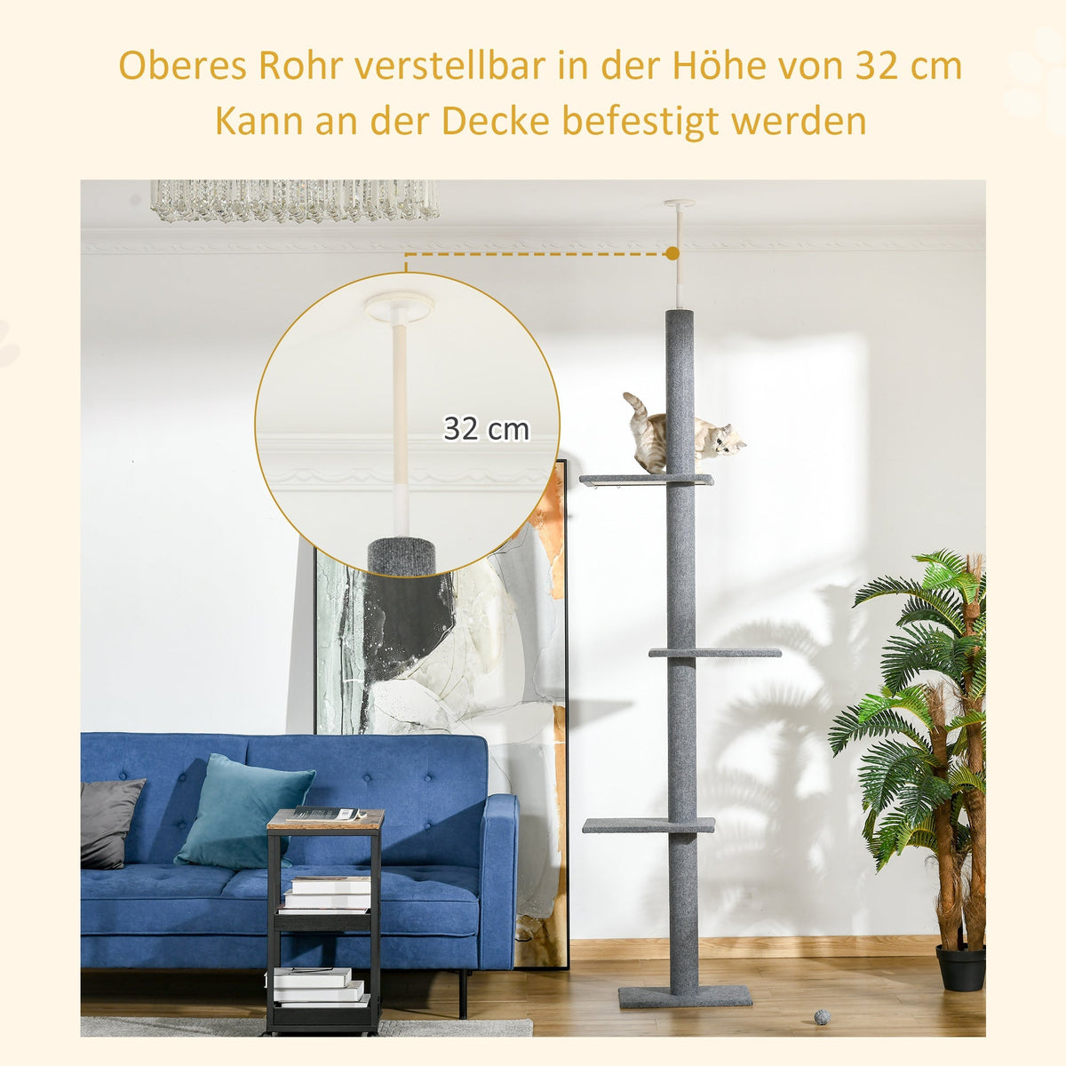 Cat Tree, Height-Adjustable Ceiling-High Climbing, Gray