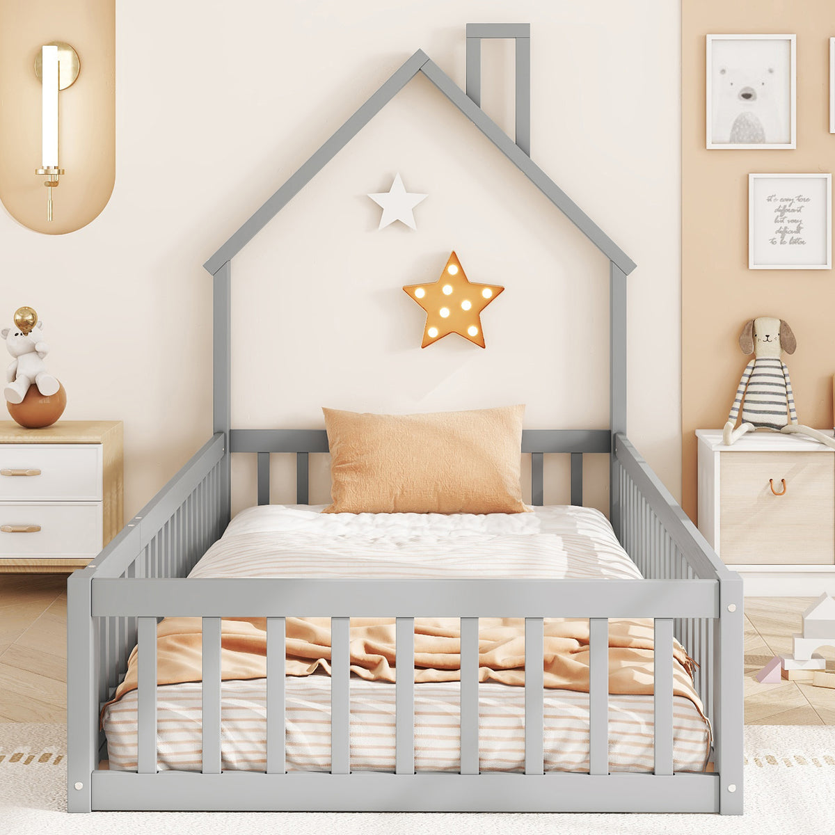 House Bed 90x200 cm Children Bed Slatted Base Pine Wood Grey