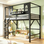 Children's Loft Bed 90x200cm with Roof & Storage, Black Metal