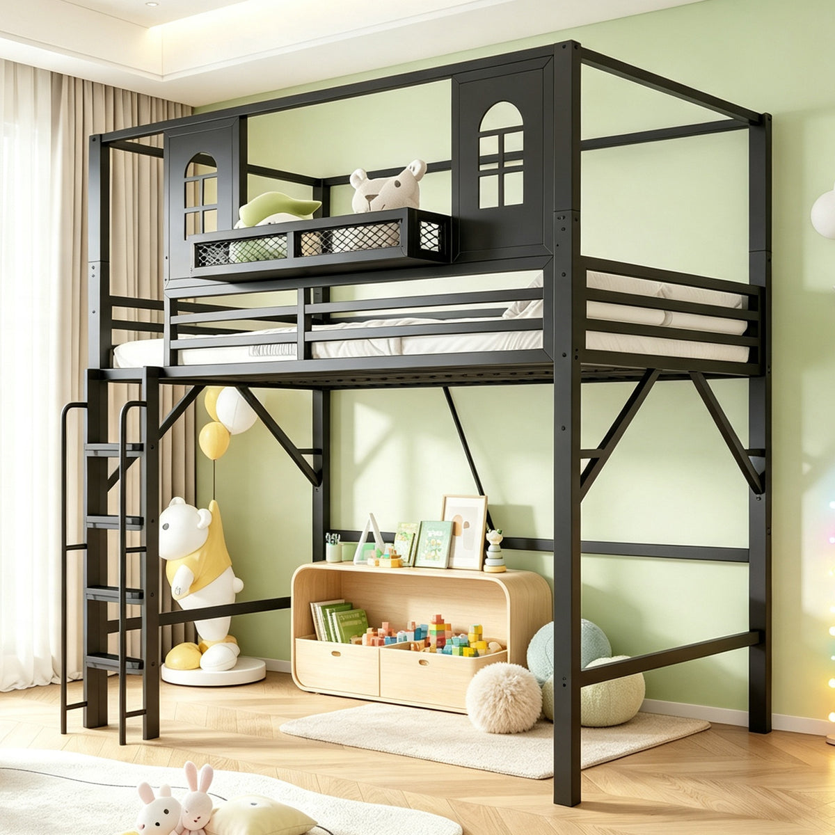Children's Loft Bed 90x200cm with Roof & Storage, Black Metal