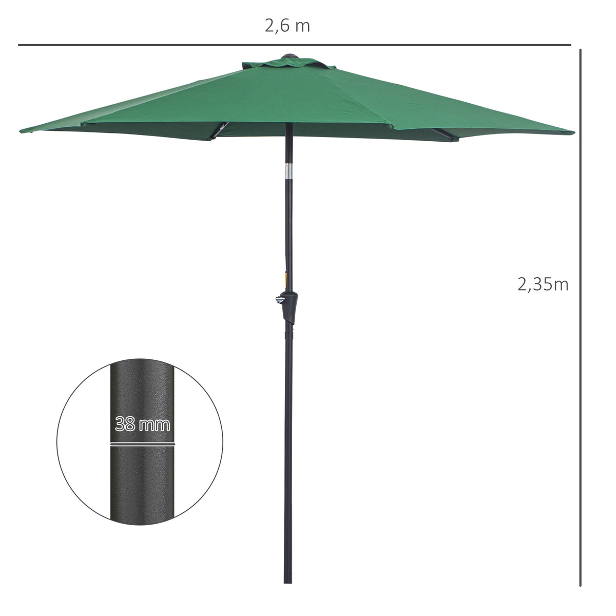 Folding Parasol Garden Market Umbrella Hand Crank Aluminum Ø2.6m Dark Green Polyester
