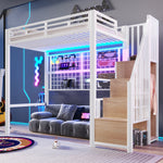 Loft Bed 90x200cm with Storage Ladder & LED Lights, White Iron Frame