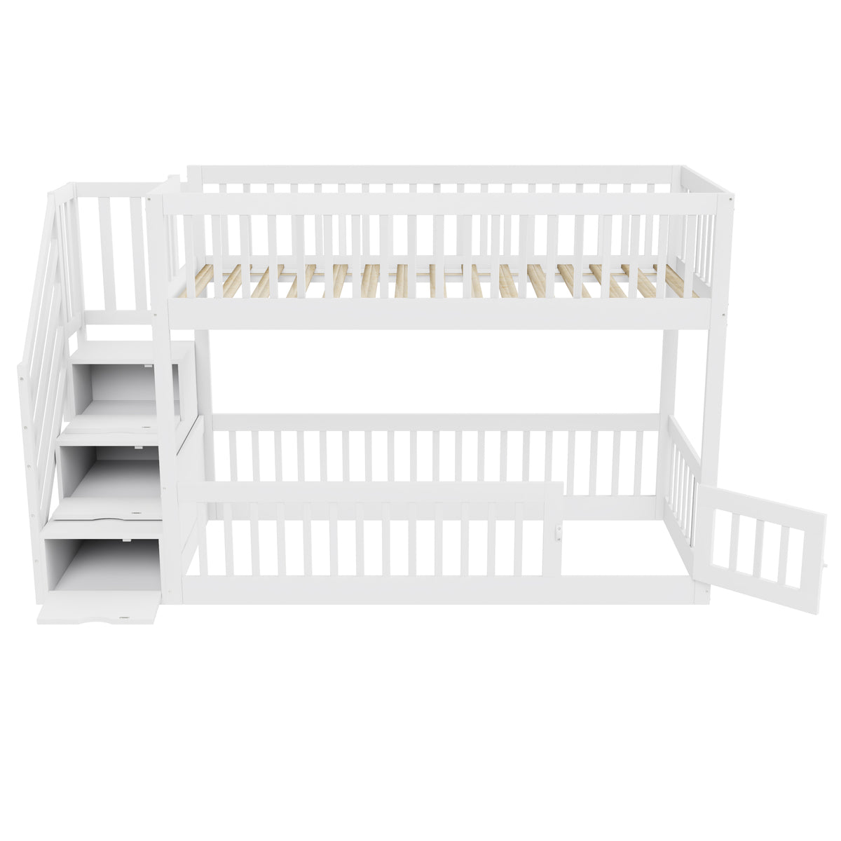 Bunk Bed 90x200 with Safety Stairs & Drawers, White Wood