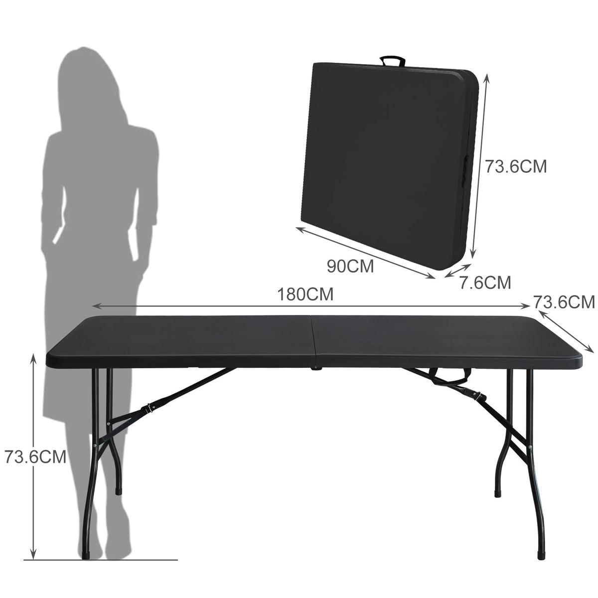 Folding Table 180cm, Portable Heavy Duty Multi-Functional, Black