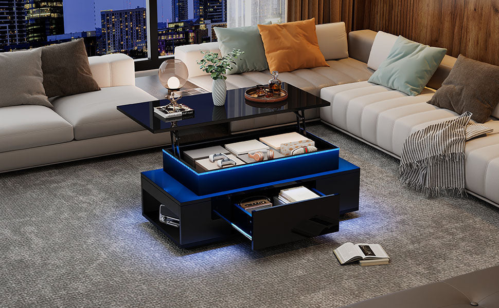 Coffee Table Height-Adjustable Hidden Storage Drawer LED High-Gloss Black