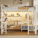 Loft Bed 90x200cm with Desk, Shelves & LED, White Iron Frame