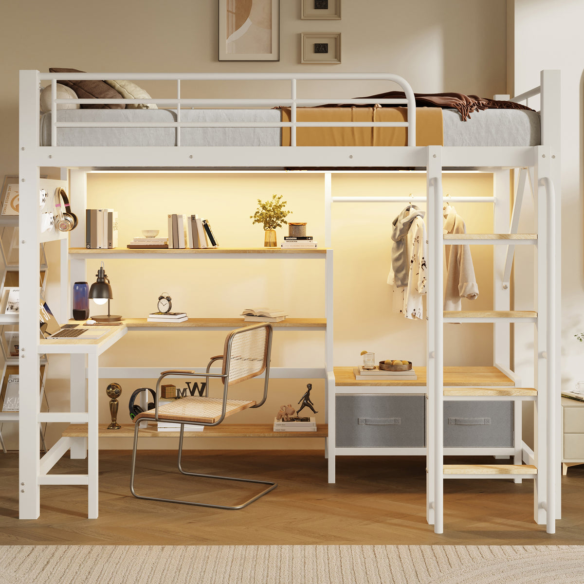 Loft Bed 90x200cm with Desk, Shelves & LED, White Iron Frame