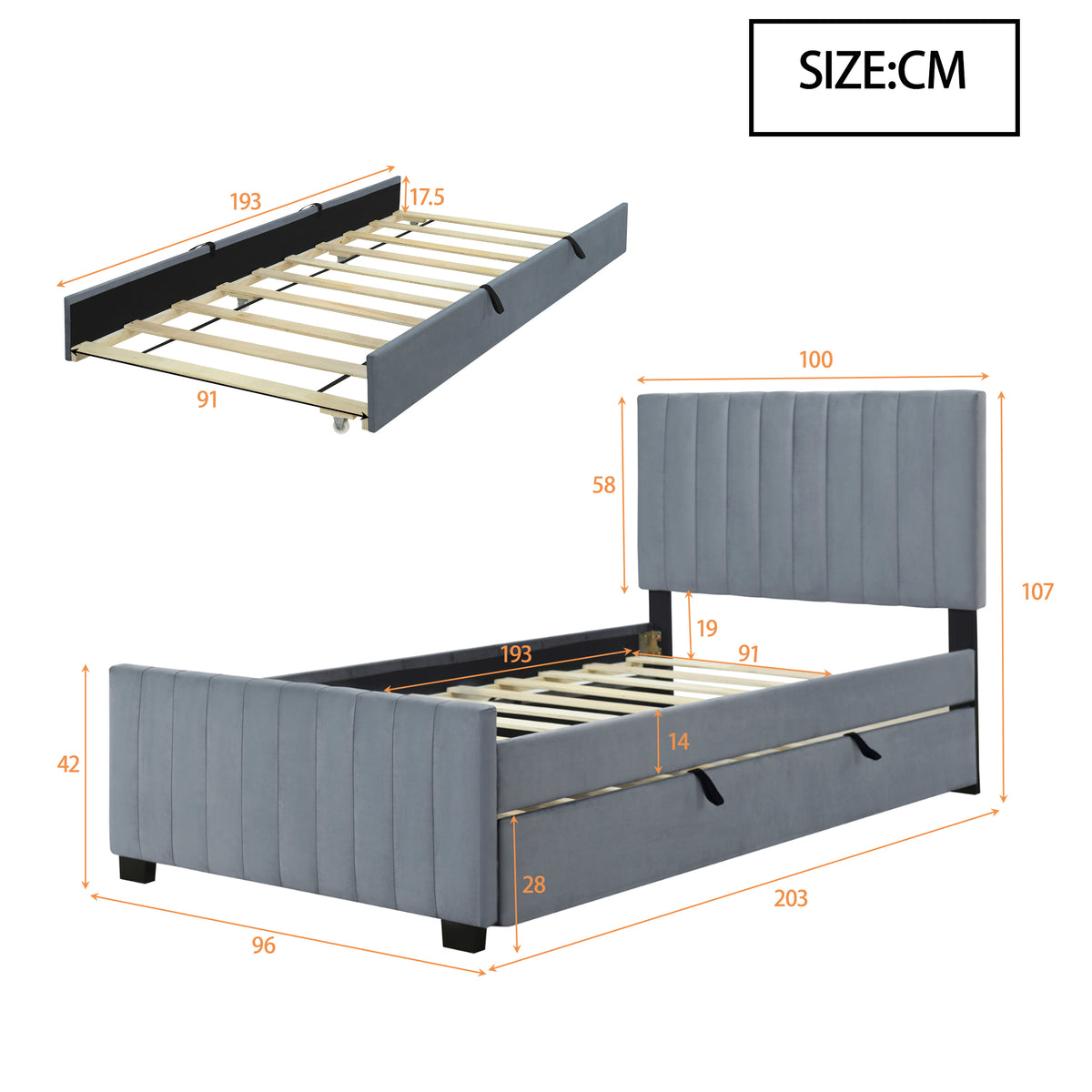 Upholstered Single Bed 90x190cm with Pull-Out Bed, Grey Velvet